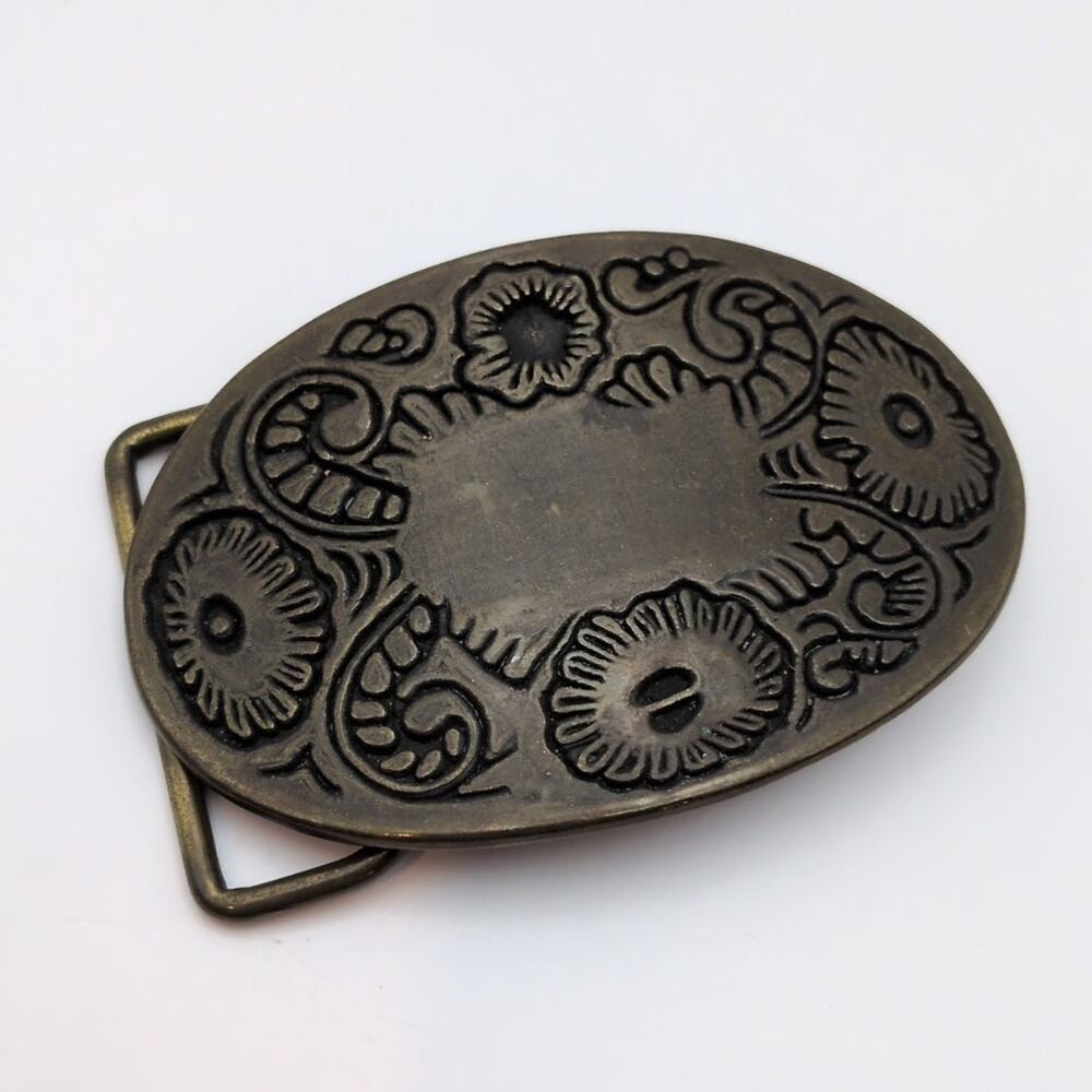 Vintage Bronze Tone Embossed Floral Oval Metal Belt Buckle Boho Western